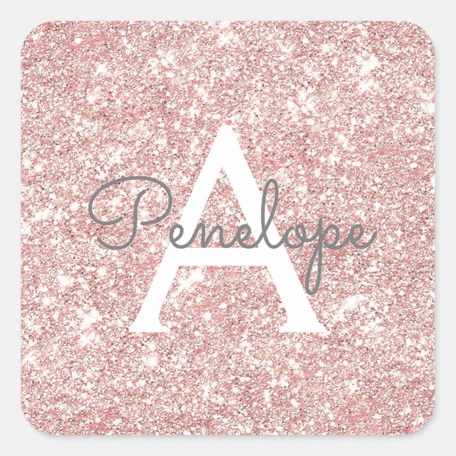 Rose Gold  Pink Glitter and Sparkle Monogram Square Sticker (Front)