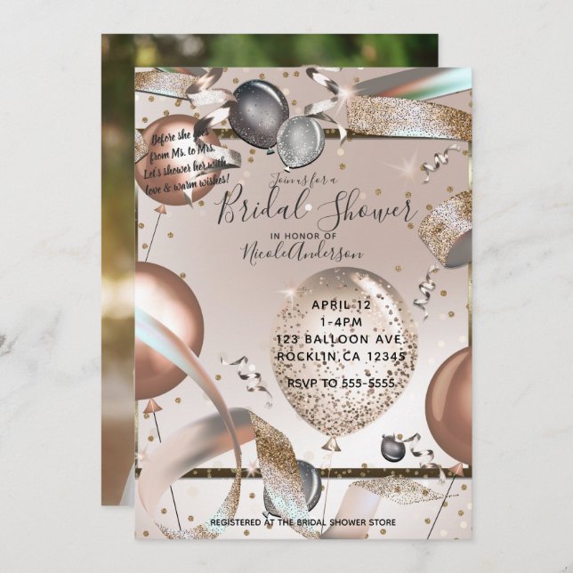 Rose Gold Pink Glitter Balloon Bridal Shower Photo Invitation (Front/Back)