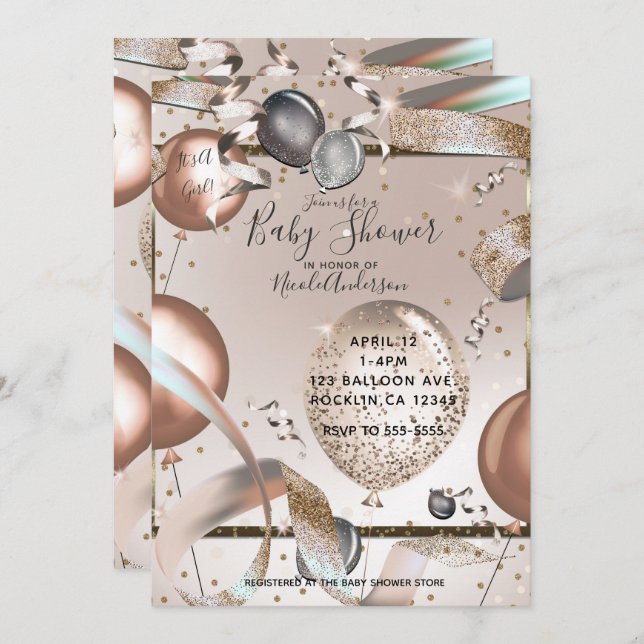Rose Gold Pink Glitter Balloons Baby Shower Invitation (Front/Back)