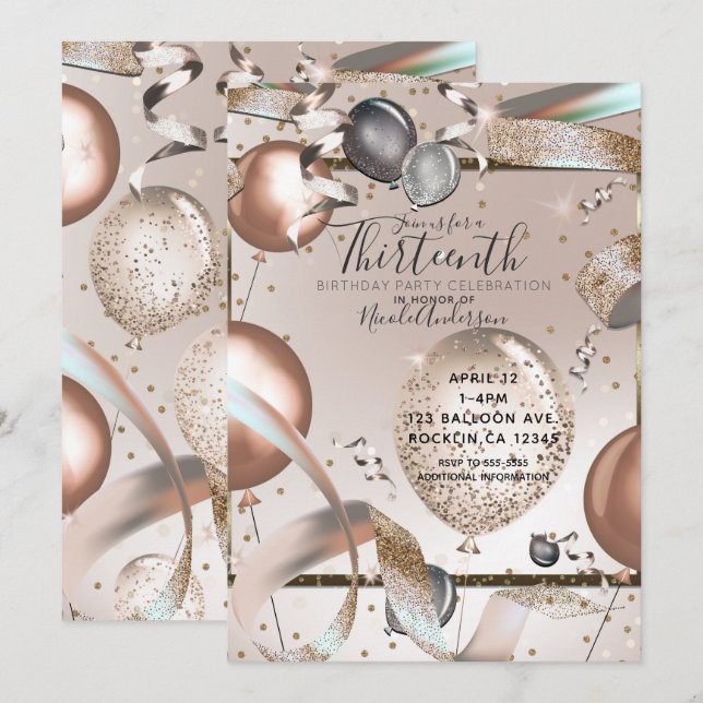 Rose Gold Pink Glitter Balloons Birthday Party Invitation (Front/Back)
