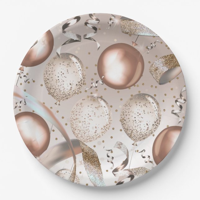 Rose Gold Pink & Glitter Balloons Sweet 16 Party Paper Plate (Front)