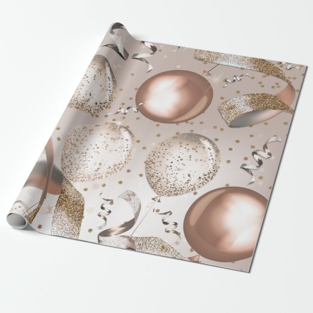 Rose Gold Pink & Glitter Balloons Sweet 16 Party Wrapping Paper (Unrolled)
