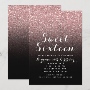Rose Gold Pink Glitter & Black Sweet 16 Party Invitation