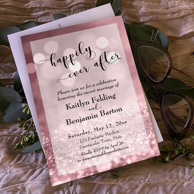Rose Gold Pink Glitter Bokeh Happily Ever After Invitation (Creator Uploaded)