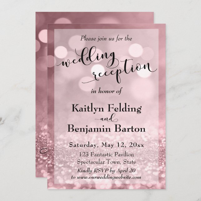 Rose Gold Pink Glitter Bokeh Wedding Reception Invitation (Front/Back)