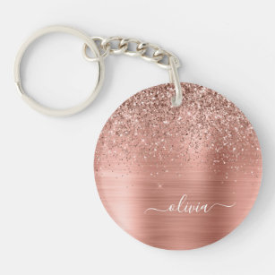 Rose Gold Pink Glitter Brushed Metal Monogram Key Ring