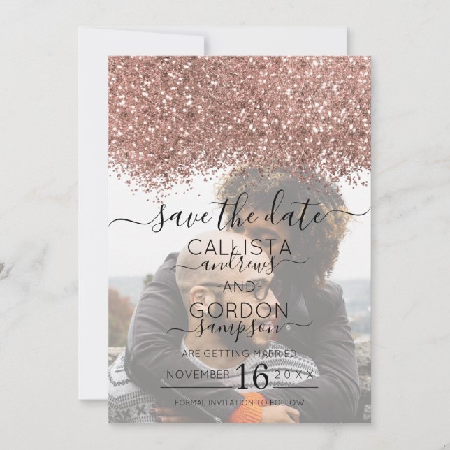 Rose Gold Pink Glitter Confetti Photo Wedding Save The Date (Front)
