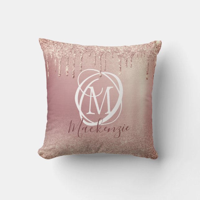 Rose Gold Pink Glitter Drip Elegant Monogram Cushion (Front)