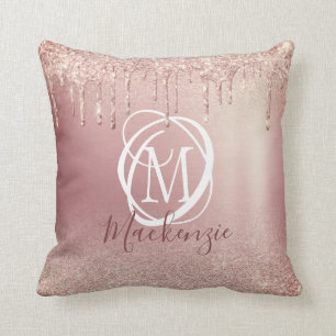 Rose Gold Pink Glitter Drip Elegant Monogram Cushion