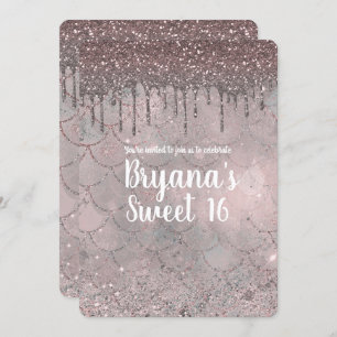 Rose Gold Pink Glitter Drip Mermaid Sweet 16 Party Invitation