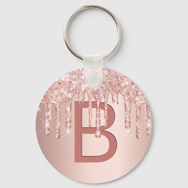 Rose gold pink glitter dripping sparkle monogram key ring (Front)