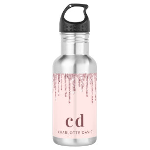 Rose gold pink glitter drips monogram name 532 ml water bottle