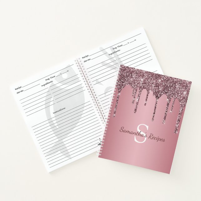 Rose Gold Pink Glitter Drips Monogram Recipe Notebook (Inside)
