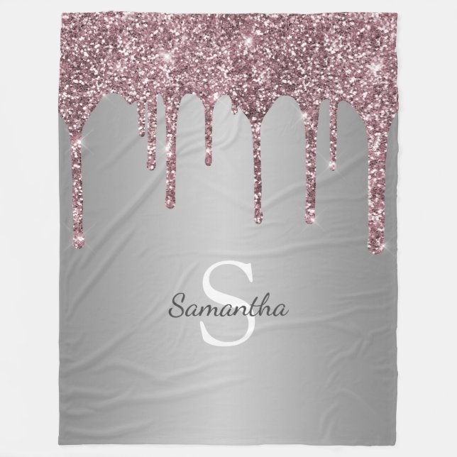 Rose Gold Pink Glitter Drips Silver Monogram Name Fleece Blanket (Front)