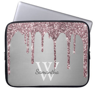 Rose Gold Pink Glitter Drips Silver Monogram Name Laptop Sleeve