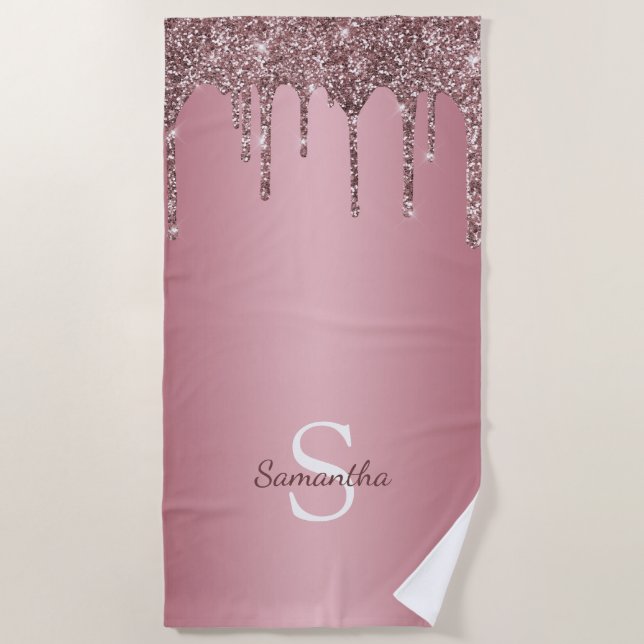 Rose Gold Pink Glitter Drips Sparkle Monogram Name Beach Towel (Front)