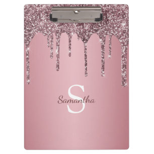 Rose Gold Pink Glitter Drips Sparkle Monogram Name Clipboard