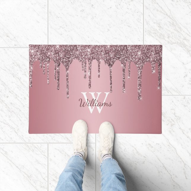 Rose Gold Pink Glitter Drips Sparkle Monogram Name Doormat (Indoor)