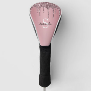 Rose Gold Pink Glitter Drips Sparkle Monogram Name Golf Head Cover