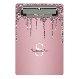 Rose Gold Pink Glitter Drips Sparkle Monogram Name Mini Clipboard