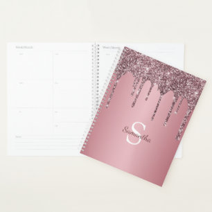 Rose Gold Pink Glitter Drips Sparkle Monogram Name Planner