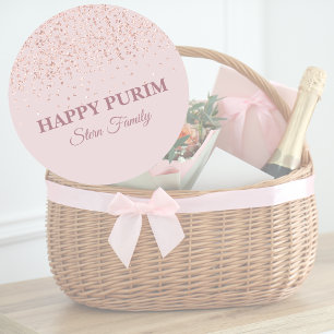 Rose Gold Pink Glitter Dust Hebrew Happy Purim   Classic Round Sticker