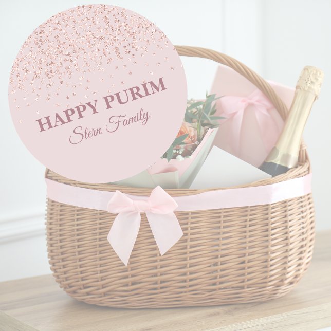 Rose Gold Pink Glitter Dust Hebrew Happy Purim   Classic Round Sticker (Creator Uploaded)