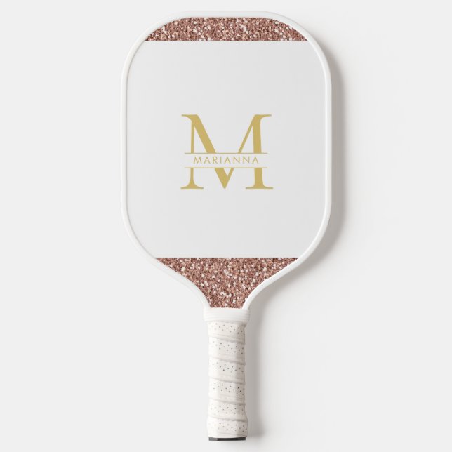 Rose Gold Pink Glitter Elegant Monogram Custom Pickleball Paddle (Front)