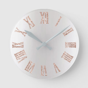 Rose Gold Pink Glitter Grey Silver Minimal Metal Round Clock