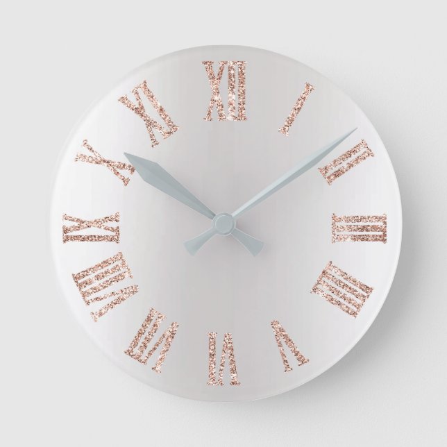 Rose Gold Pink Glitter Grey Silver  Minimal Metal Round Clock (Front)