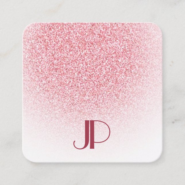 Rose Gold Pink Glitter Modern Elegant Monogram Square Business Card (Front)
