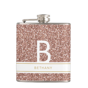 Rose Gold Pink Glitter Monogram Bridal Party Hip Flask