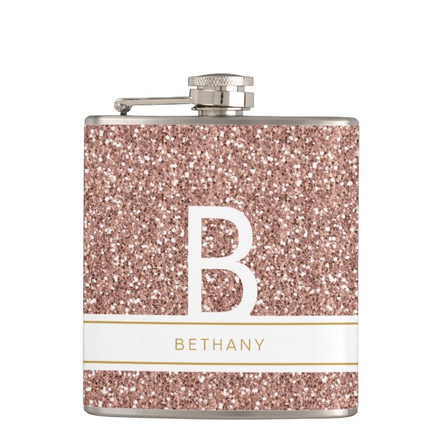 Rose Gold Pink Glitter Monogram Bridal Party Hip Flask (Front)