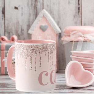 Rose gold pink glitter monogram initials luxury mug