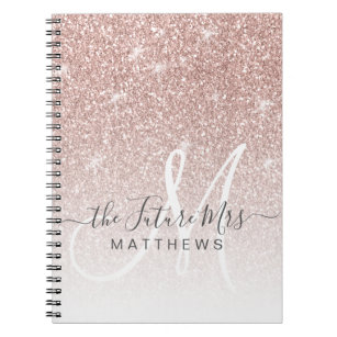 Rose Gold Pink Glitter Monogram Name Future Mrs Notebook