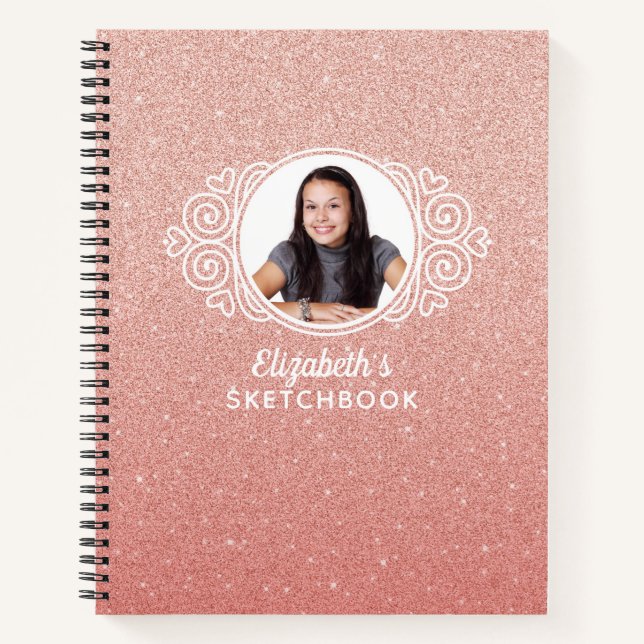 Rose Gold Pink Glitter Monogram Photo Sketchbook Notebook (Front)