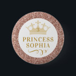 Rose Gold Pink Glitter Princess Birthday Girl 6 Cm Round Badge<br><div class="desc">Sparkly pink princess crown button with personalised name for the special birthday girl,  also works great as an adorable custom party favour for each party guest! Coordinating princess party supplies available in the Paper Grape Designer Shop.</div>