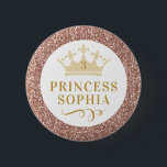 Rose Gold Pink Glitter Princess Birthday Girl 6 Cm Round Badge<br><div class="desc">Sparkly pink princess crown button with personalised name for the special birthday girl,  also works great as an adorable custom party favour for each party guest! Coordinating princess party supplies available in the Paper Grape Designer Shop.</div>