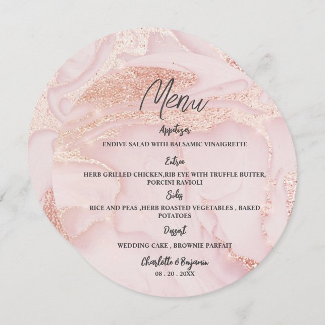 Rose Gold Pink Glitter Round Wedding Menu (Front/Back)