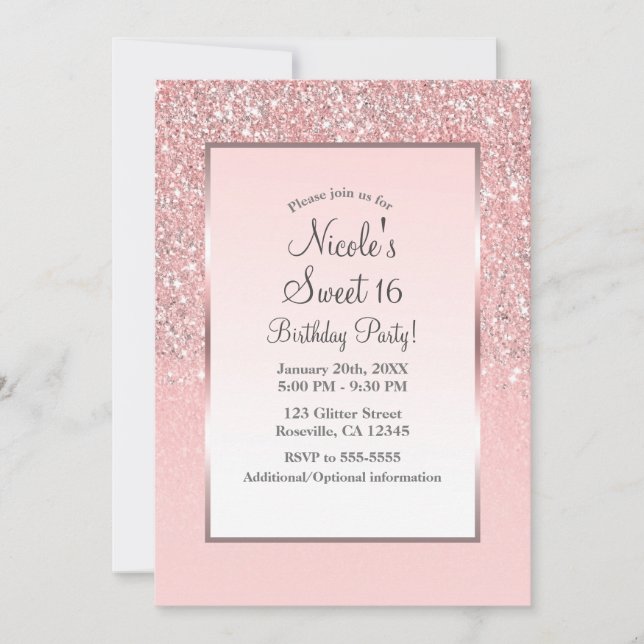 Rose Gold Pink Glitter Shine Sweet 16 Party Invitation (Front)