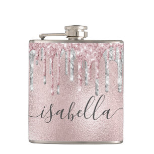 Rose gold pink glitter silver monogram script hip flask