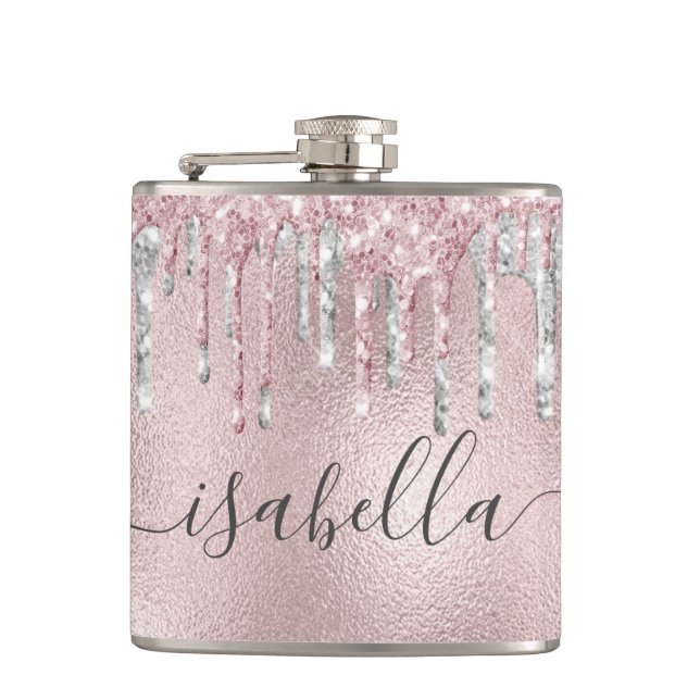 Rose gold pink glitter silver monogram script hip flask (Front)