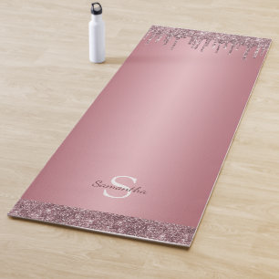 Rose Gold Pink Glitter Sparkle Drip Monogram Name Yoga Mat
