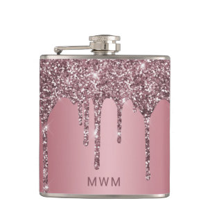 Rose Gold Pink Glitter Sparkle Drips Monogram 6 oz Hip Flask