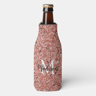 Rose Gold Pink Glitter Sparkle Monogram Name Bottle Cooler