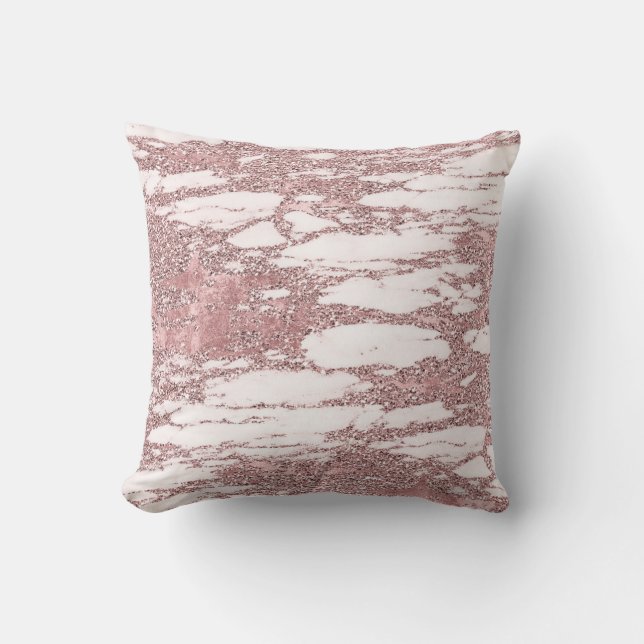 Rose Gold Pink Glitter Sparkly Marble Glam Trendy Cushion (Front)