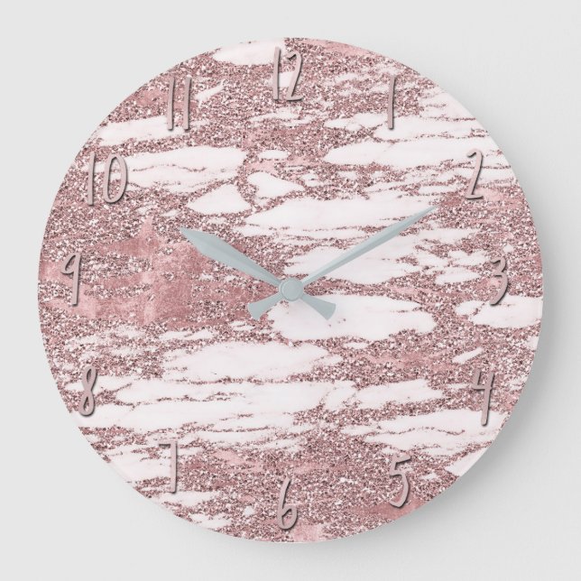 Rose Gold Pink Glitter Sparkly Marble Glam Trendy Large Clock (Front)