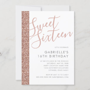 Rose Gold Pink Glitter Stripe Minimalist Sweet 16 Invitation