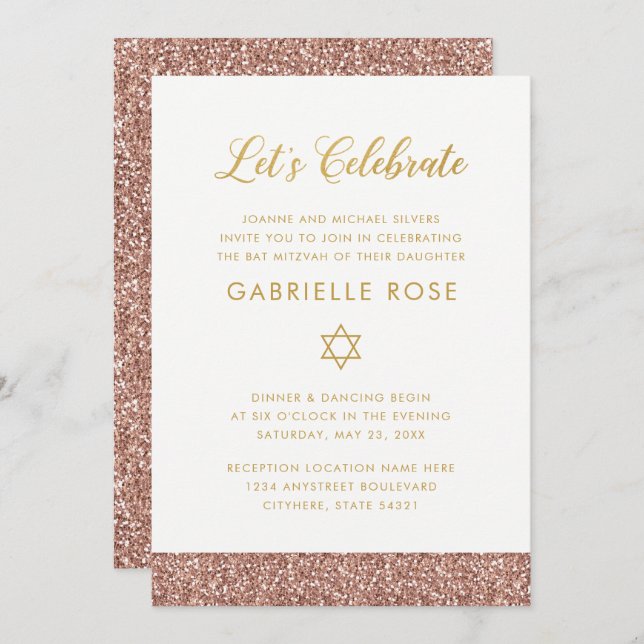 Rose Gold Pink Glitter Strips Mitzvah Reception Invitation (Front/Back)