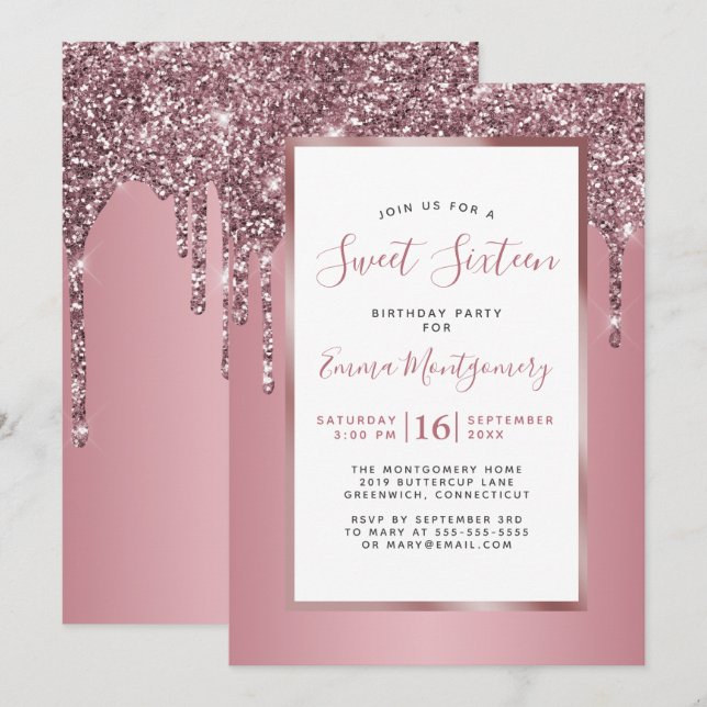 Rose Gold Pink Glitter Sweet 16 Birthday Party Invitation (Front/Back)